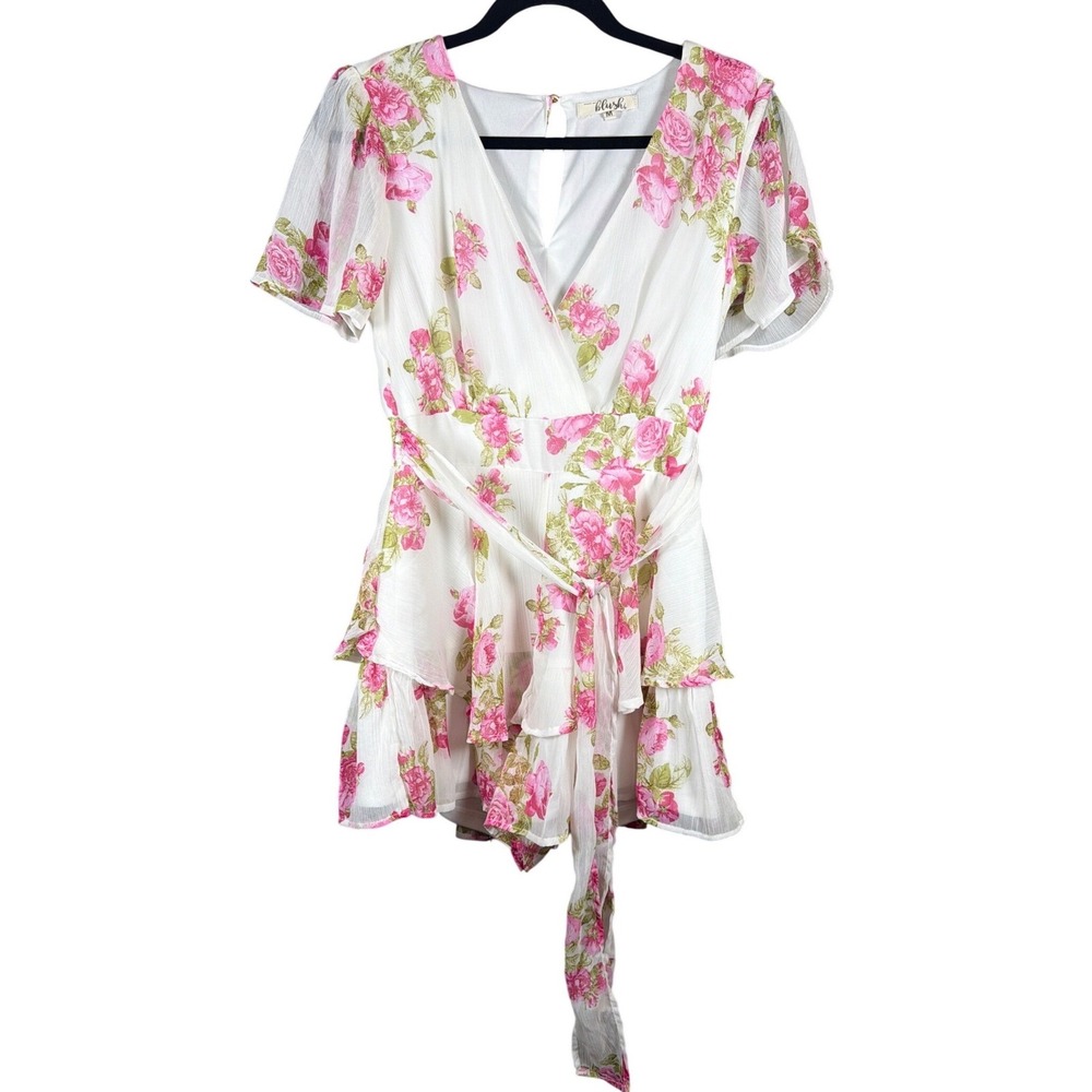 Hint of Blush Women Pink Floral Tiered Ruffle Romper White Size M Smocked Back